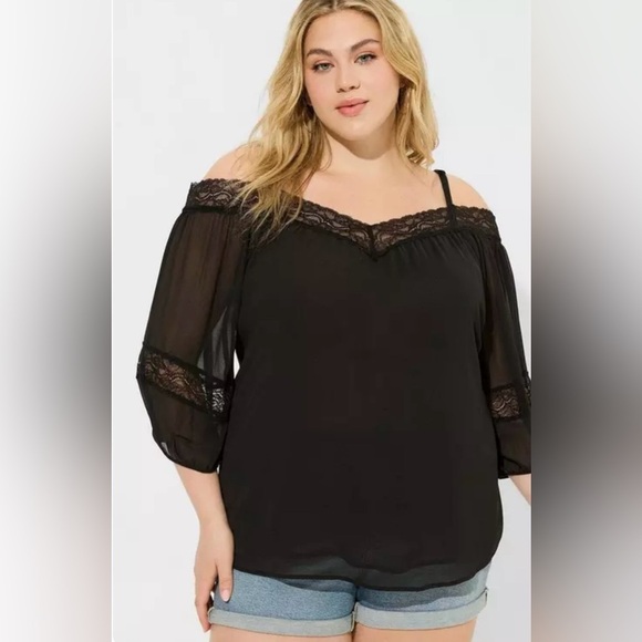 Torrid Elegant Women's Chiffon Black Off-Shoulder 3/4 Sleeve Lace Top Blouse, NW - Picture 9 of 12